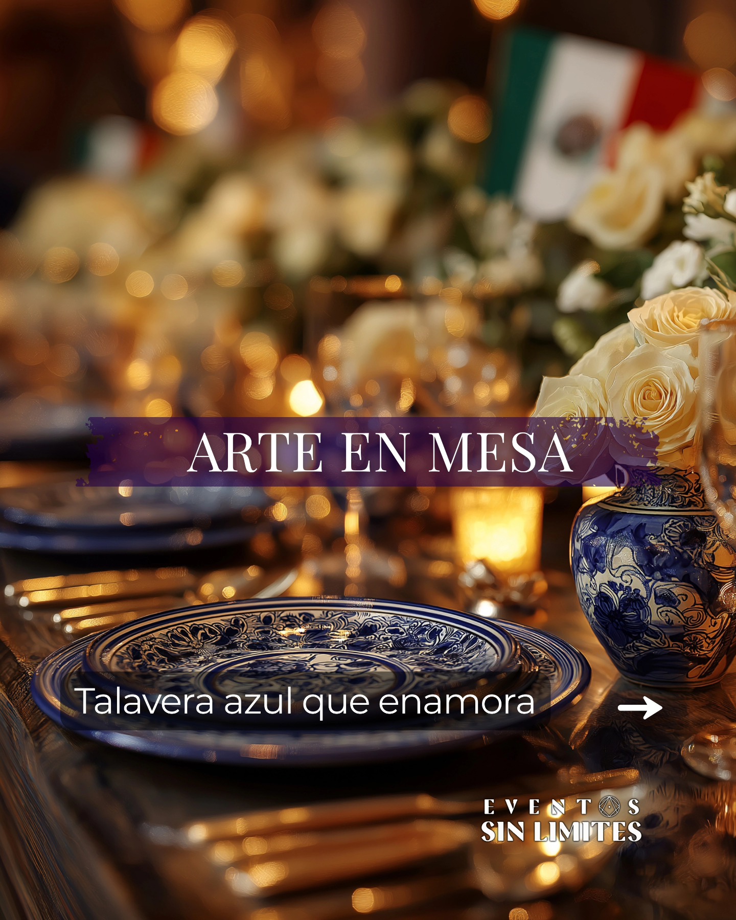 Mesa elegante con vajilla de talavera azul